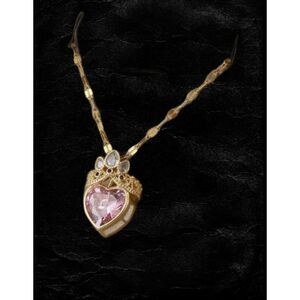 Pink Crystal Heart Gold Tiara Crown Necklace Stainless Steel Chain